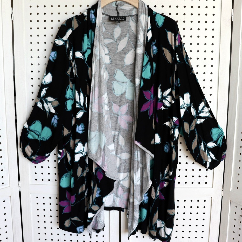 Anywhere by Catherines Open Cardigan Black Multicolor Leaf Pattern SIZE 3X